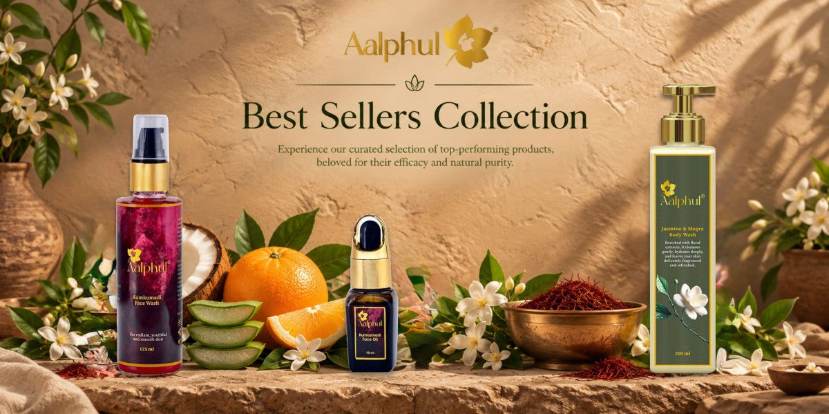 Aalphul Best Sellers Collection featuring Jasmine & Mogra Body Wash, Kumkumadi Face Oil and Kumkumadi Face Wash with natural botanical ingredients