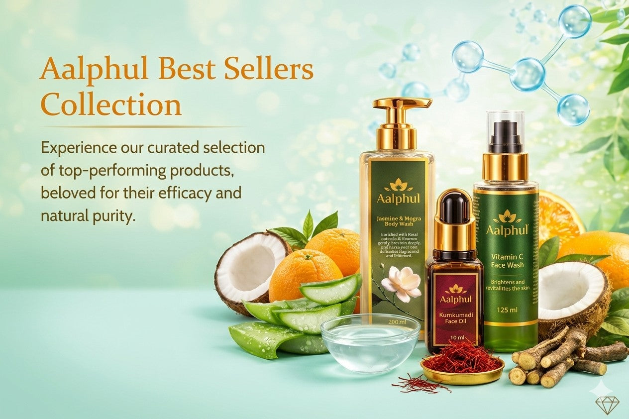 Aalphul Skincare Best Sellers with natural ingredients on a light blue background