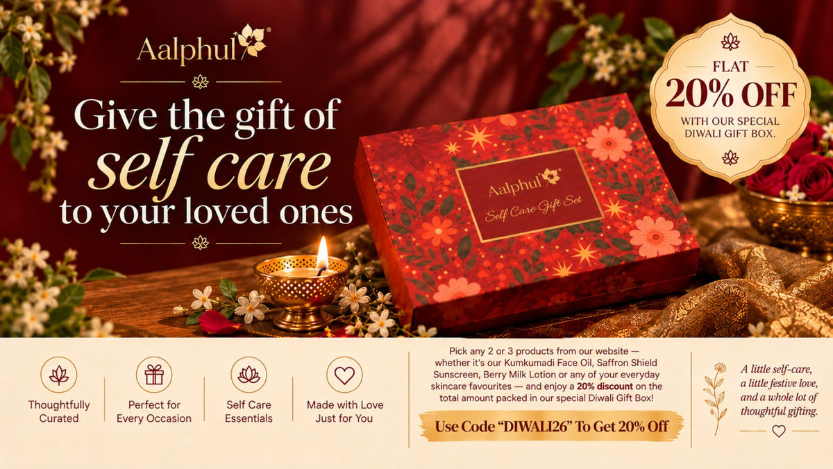 Aalphul Diwali Self-Care gift box promotional banner featuring a festive red floral gift box, a glowing diya, jasmine flowers and elegant gold décor. The banner highlights a flat 20% discount on a special Diwali Gift Box, inviting customers to pick any 2 or 3 skincare products and use code DIWALI26 to get 20% off.