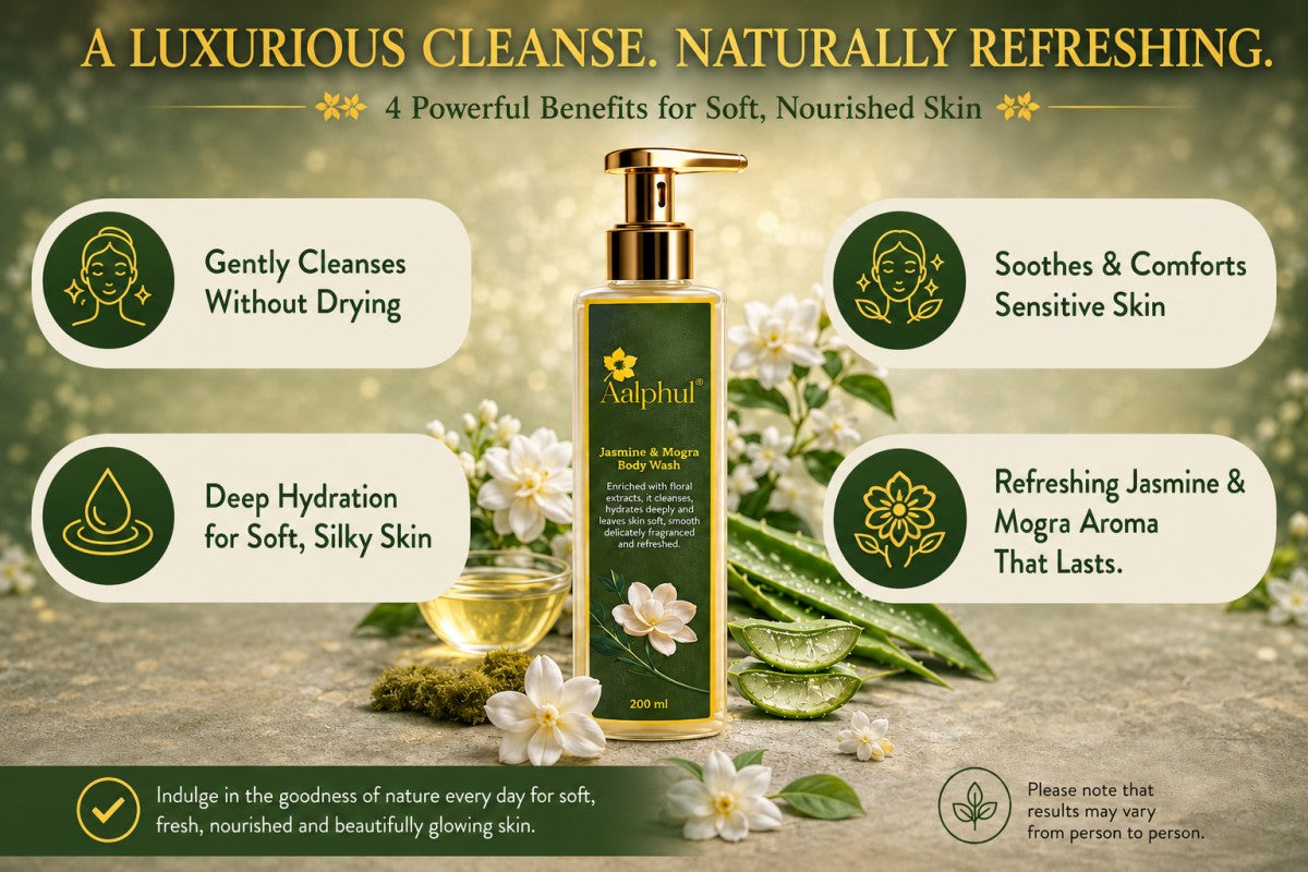 Benefits of Aalphul Jasmine & Mogra Body Wash are shown in this image