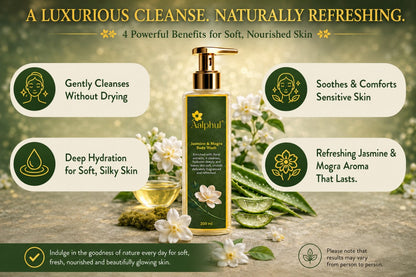 Benefits of Aalphul Jasmine & Mogra Body Wash are shown in this image