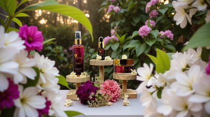 Aalphul Kumkumadi Range displayed on wooden stands with flowers in the foreground