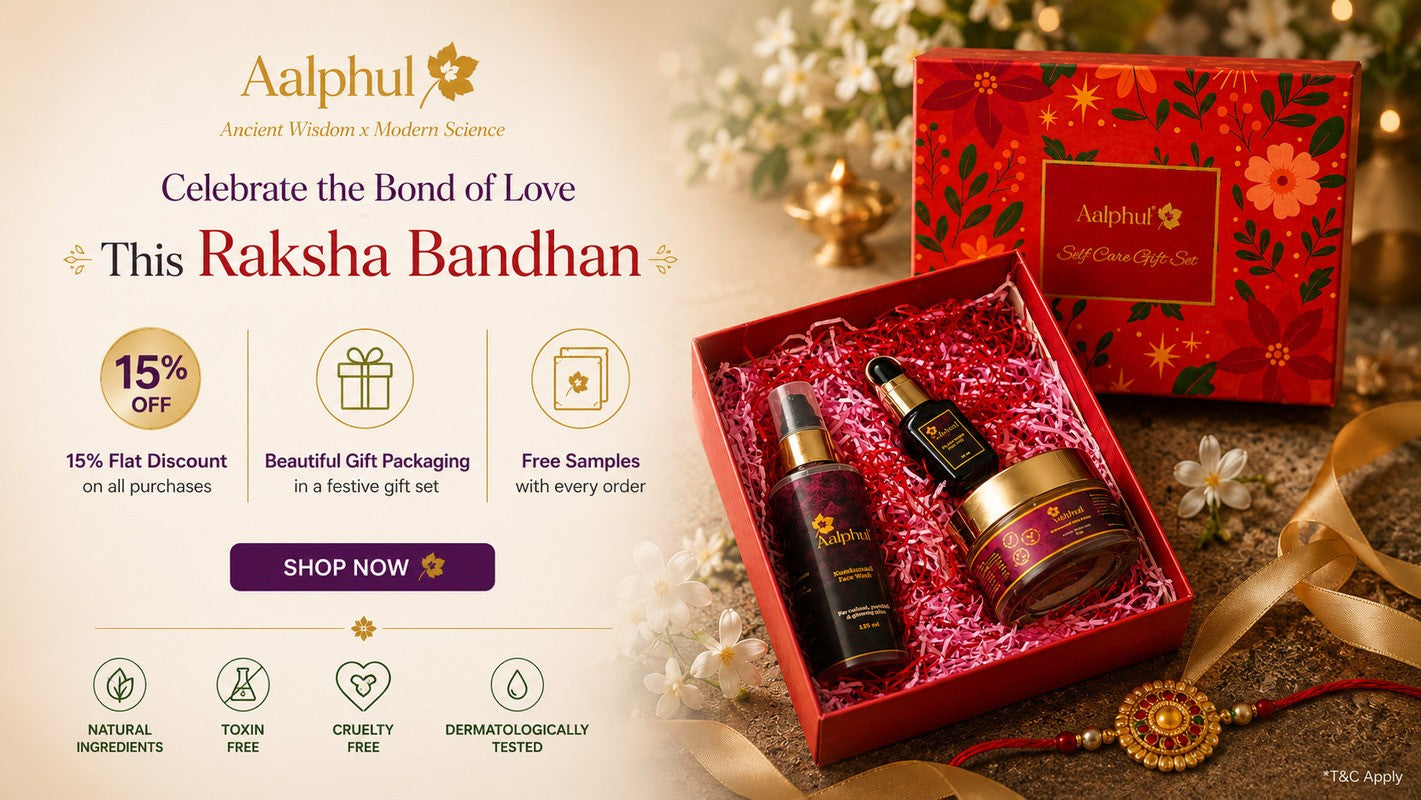 Aalphul Raksha Bandhan gift set with skincare products, flat 15% off, free samples and festive gift packaging.