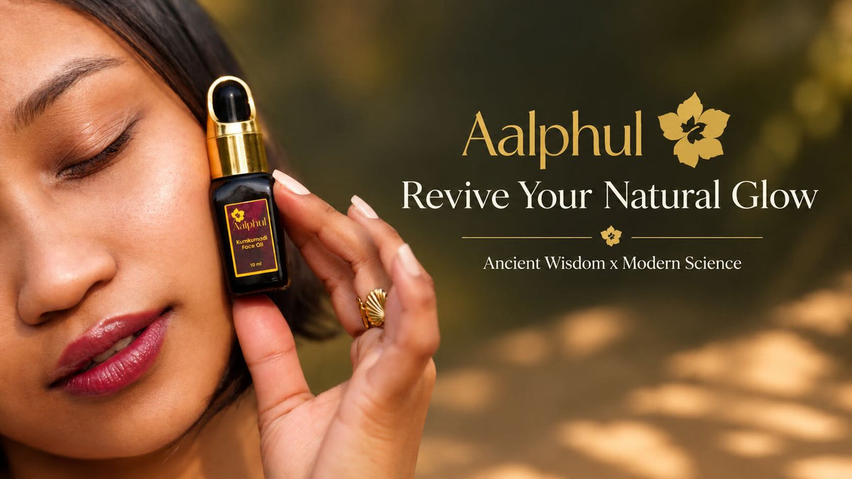 A woman holds a Aalphul Kumkumadi Oil bottle near her face against a blurred outdoor background with warm golden-brown tones. The product label reads Aalphul, and large text on the right says 'Revive Your Natural Glow' with the tagline 'Ancient Wisdom x Modern Science.