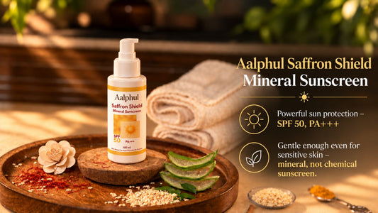 Aalphul Saffron Shield Sunscreen bottle in a display setting with botanicals