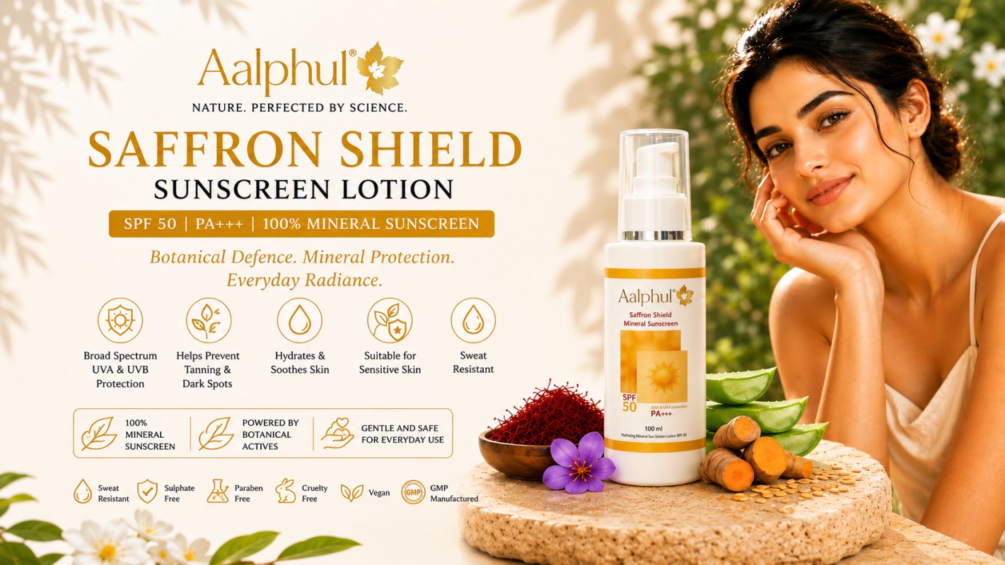 Aalphul Saffron Shield Sunscreen Lotion Hero Image with benefits and trust signals