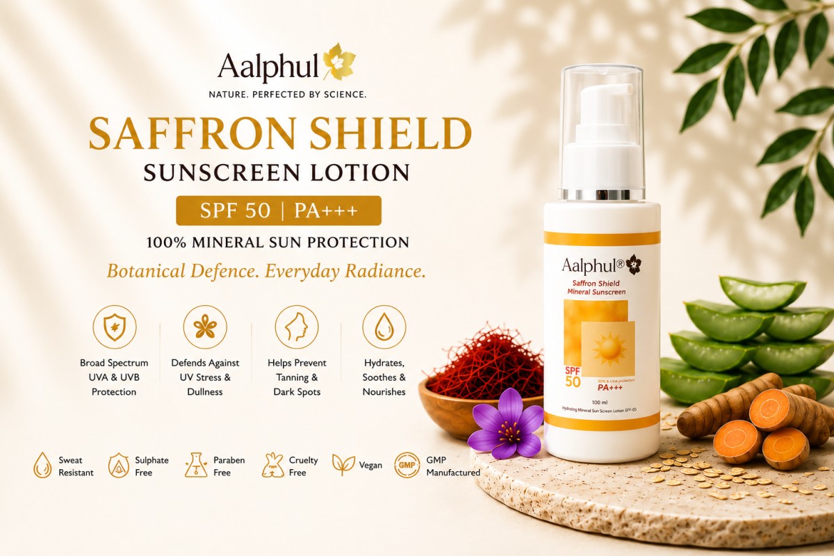 Aalphul Saffron Shield Sunscreen Lotion bottle with ingredients on a natural background
