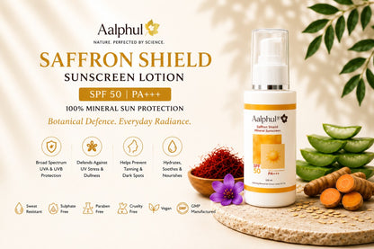 Aalphul Saffron Shield Sunscreen Lotion bottle with ingredients on a natural background