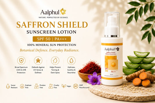 Aalphul Saffron Shield Sunscreen Lotion bottle with ingredients on a natural background