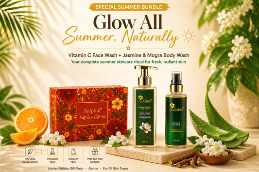 Aalphul Summer skincare bundle with Vitamin C face wash and Jasmine & Mogra body wash, featuring natural ingredients and a decorative setting.