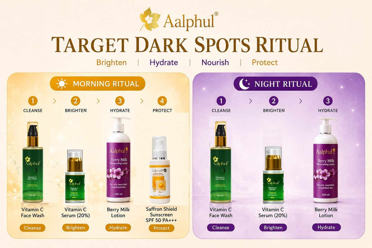 Aalphul’s Target Dark Spots & Restore Glow skincare routine featuring Vitamin C Face Wash, Vitamin C Serum (20%), Berry Milk Moisturising Lotion and Saffron Shield Sunscreen SPF 50 PA+++ to help reduce dark spots, pigmentation, acne marks and uneven skin tone.