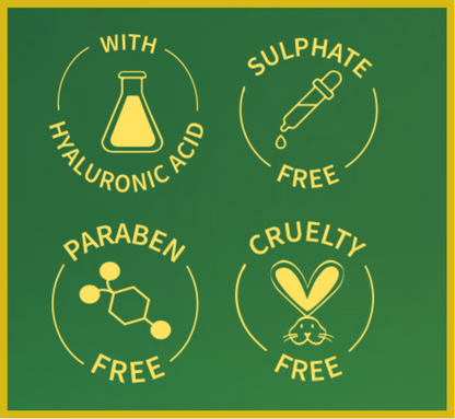 Aalphul Vitamin C Face Wash Four green badges indicating 'Hyaluronic Acid', 'Sulphate Free', 'Paraben Free', and 'Cruelty Free' on a green background.