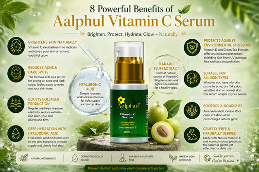 Aalphul Vitamin C Serum with benefits listed on a green leafy background