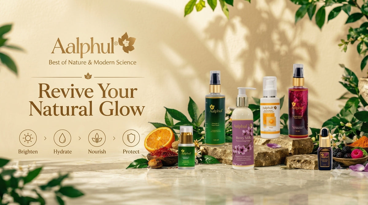 Aalphul Revive Dull Skin Skincare ritual showing morning Vitamin C cleansing, brightening, hydration and sunscreen protection, followed by nighttime Kumkumadi cleansing and nourishment.