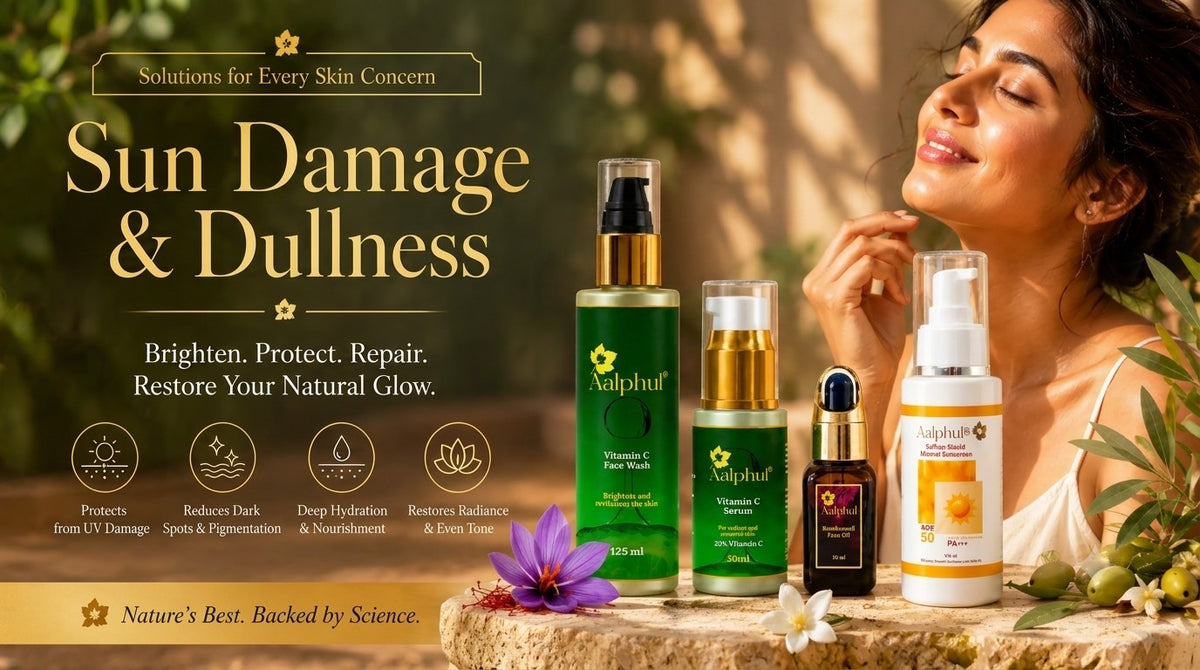 Aalphul Sun Damage Collection: A complete skincare routine with Vitamin C Face Wash, Vitamin C Serum, Kumkumadi Oil & Saffron Shield SPF 50 Mineral Sunscreen to brighten, protect and repair sun-exposed skin