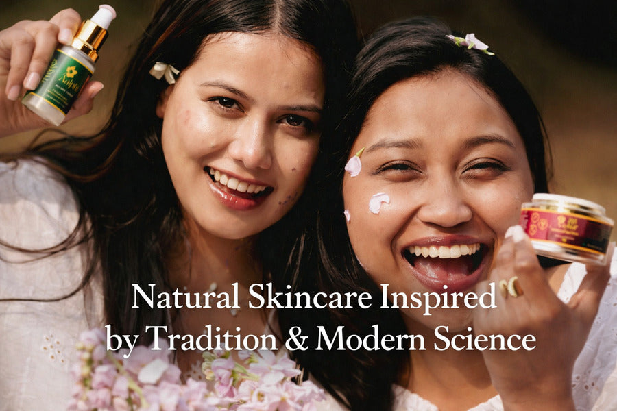 Two women happily holding Aalphul skincare products with text 'Natural Skincare Inspired by Tradition & Modern Science'.