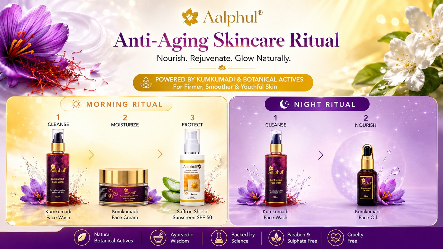 Aalphul Anti-Aging Skincare Ritual featuring Kumkumadi Face Wash, Kumkumadi Face Cream, Saffron Shield Sunscreen SPF 50 and Kumkumadi Face Oil in morning and night skincare routines