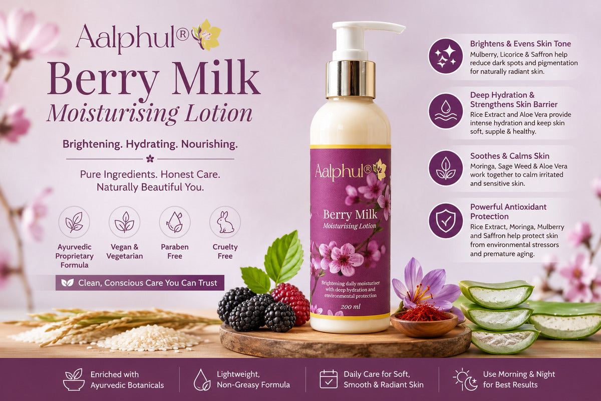 Aalphul Berry Milk Moisturising Lotion with product details and ingredients on a pink background.