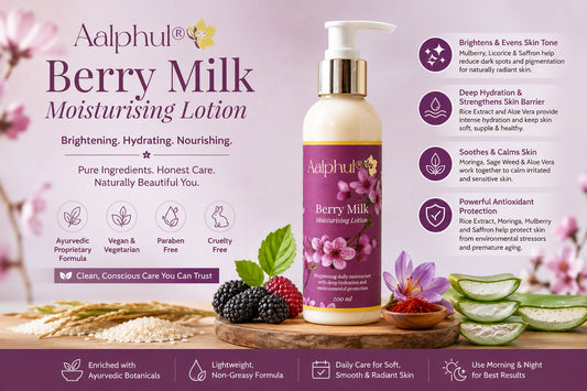 Aalphul Berry Milk Moisturising Lotion with product details and ingredients on a pink background.