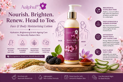 Aalphul Berry Milk Moisturising Lotion with benefits and ingredients on a pink background.
