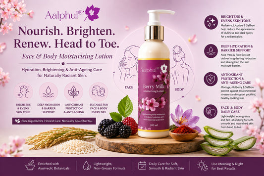 Aalphul Berry Milk Moisturising Lotion with benefits and ingredients on a pink background.