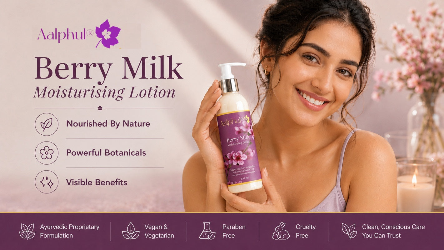 Woman holding Aalphul Berry Milk Moisturizing Lotion with product details on a light background