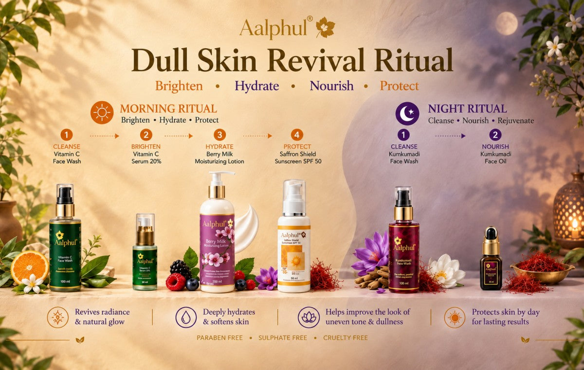 Aalphul Revive Dull Skin skincare ritual showing morning Vitamin C cleansing, brightening, hydration and sun protection, followed by nighttime Kumkumadi cleansing and nourishment.