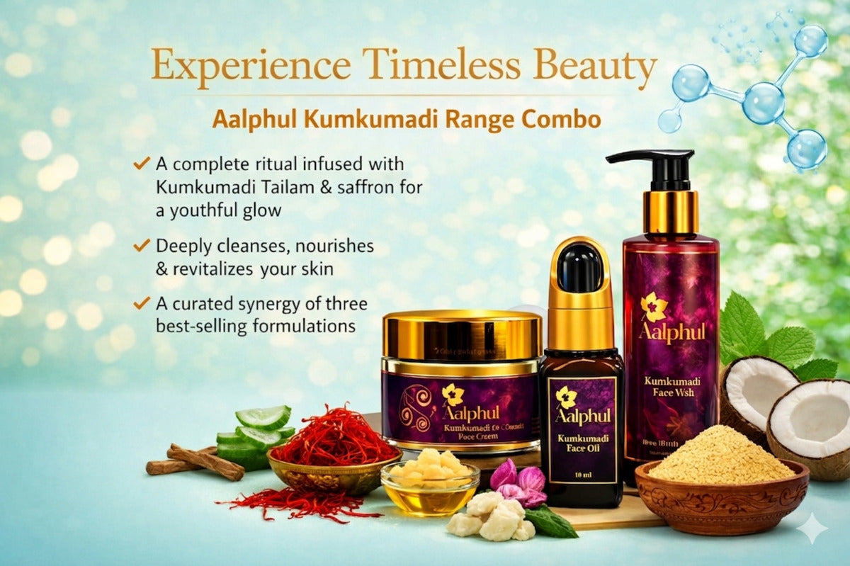 Aalphul Kumkumadi Range Combo with skincare products, ingredients and benefits listed