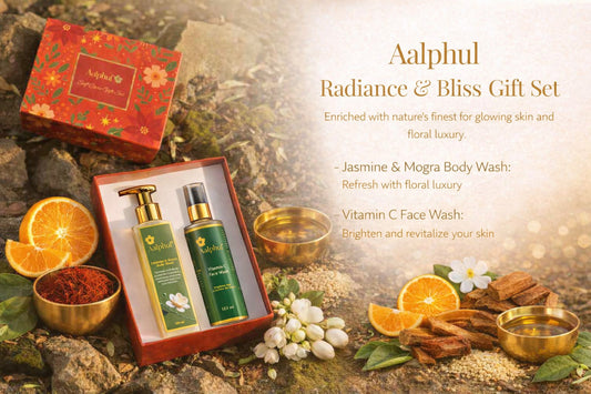 Aalphul Radiance & Bliss Gift Set with body wash and face wash, surrounded by natural elements.