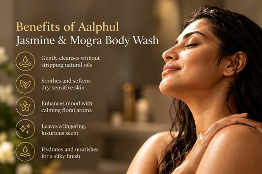 Image of Aalphul Jasmine & Mogra Body Wash showing a woman with wet hair and closed eyes on the right, alongside text listing benefits such as gentle cleansing, soothing effects and a luxurious scent.