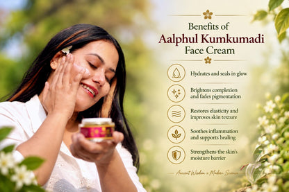 A woman outdoors applies cream to her face while holding a small jar of Aalphul Kumkumadi Face Cream. The right side features a beige text panel with green foliage in the background, detailing the benefits of the face cream.