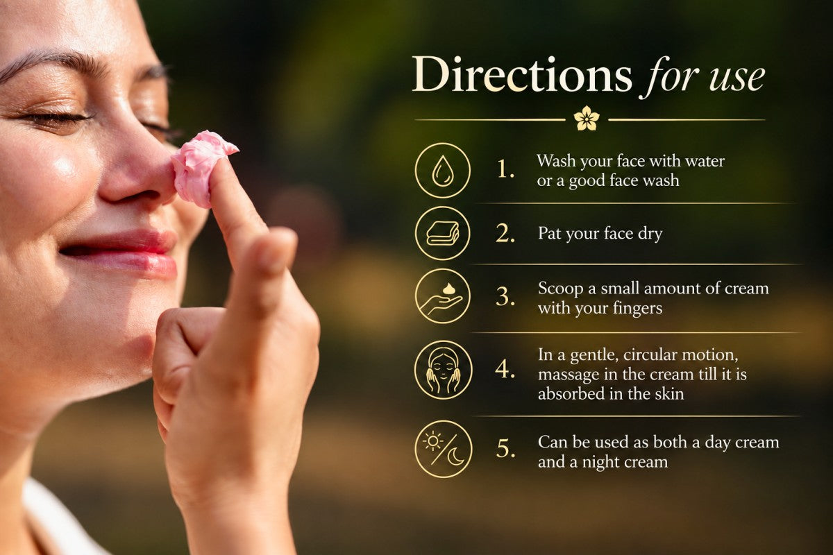 Instructional graphic with a close-up of a woman applying the Aalphul Kumkumadi Fadce Cream to her nose, alongside a numbered directions panel explaining facial cream usage on a dark blurred background.