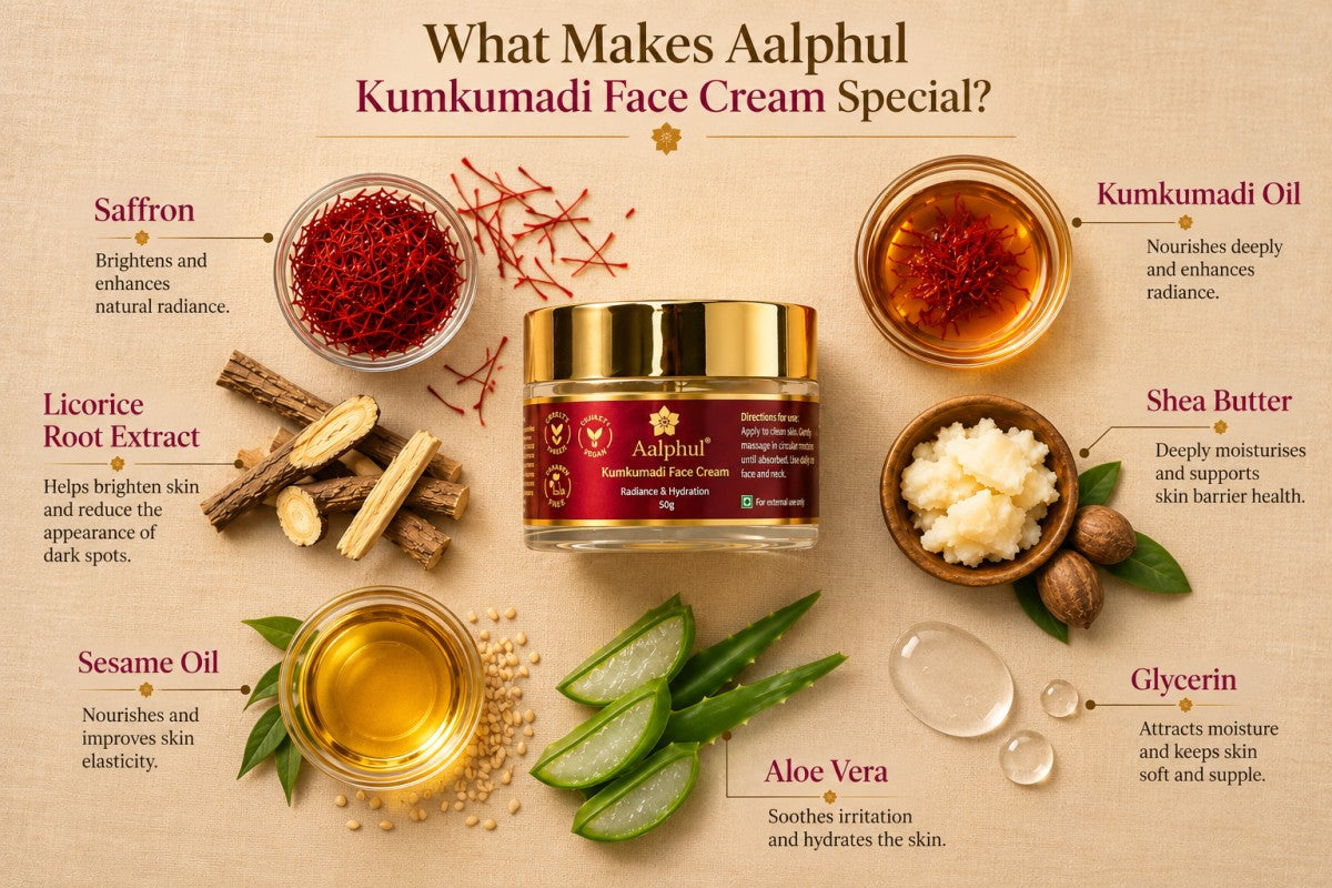 A jar of Aalphul Kumkumadi Face Cream is centered on a beige textured background with surrounding ingredient callouts and text explaining benefits such as saffron, licorice root extract, shea butter, sesame oil, aloe vera, and glycerin.