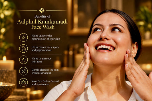 A smiling woman applies Aalphul Kumkumadi Face Wash to her face in a warm spa-like setting, with text on the left listing the benefits