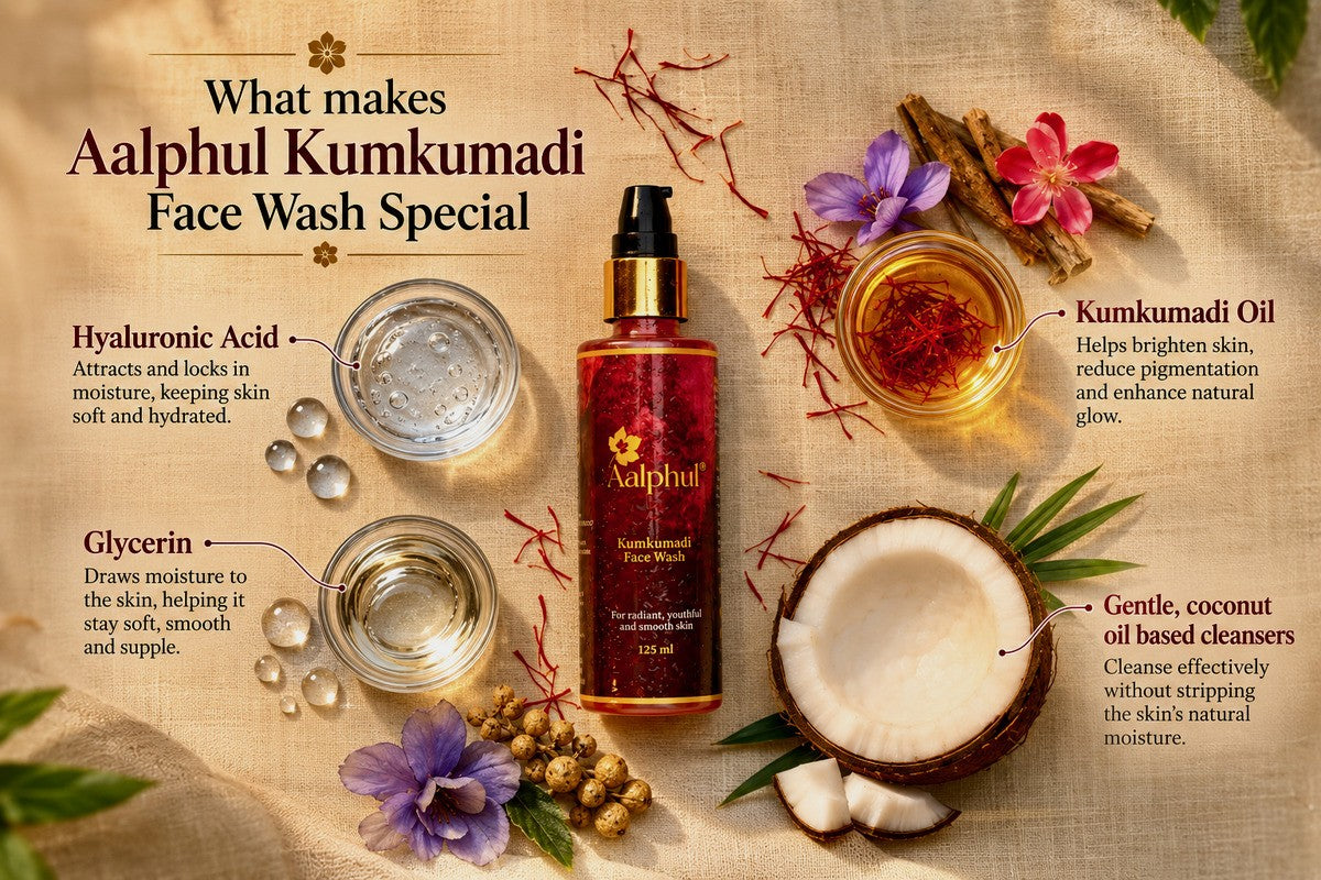 A face wash bottle labelled 'Aalphul Kumkumadi Face Wash' centered on a textured beige fabric background, surrounded by ingredients and props including a coconut half, flowers, cinnamon, and callus oil jars with callout text explaining ingredients.