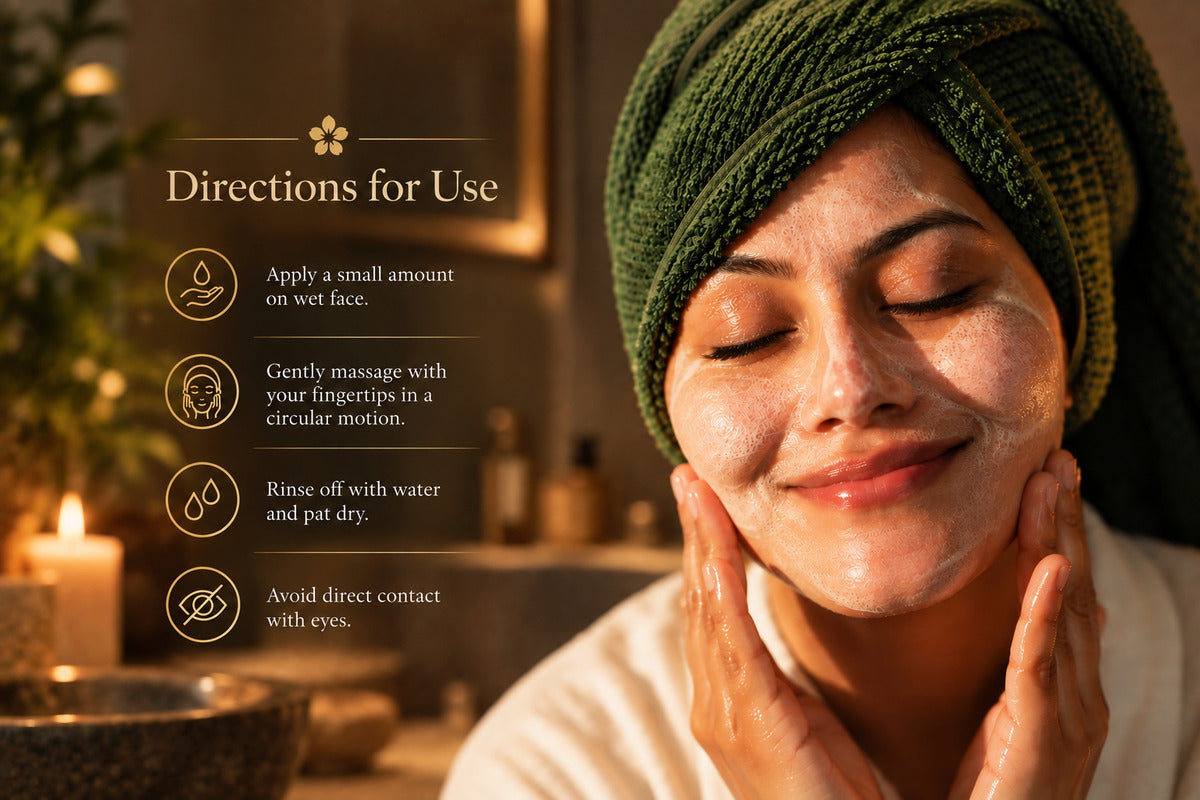 A woman with a green towel wrapped around her head applies and massages a the kumkumadi face wash onto her face. The left side features a text overlay titled 'Directions for Use' with four steps in a warm, dimly lit spa-like setting.
