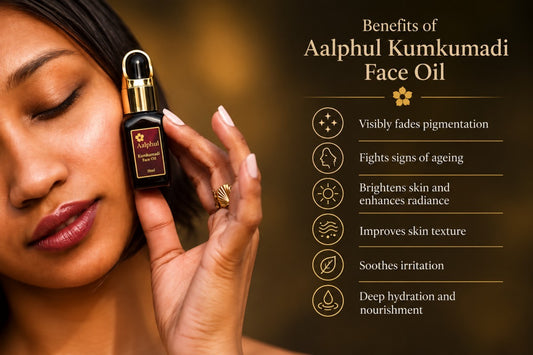 A close-up of a woman holding a bottle of Aalphul Kumkumadi Face Oil next to a text panel outlining the benefits of the oil, such as fading pigmentation, fighting signs of ageing, and brightening skin, all set against a warm golden-brown background.
