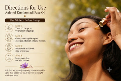 A woman is shown applying a drop of a Aalphul Kumkumadi Face oil from a dropper to her face, with a blurred natural green background. The left side features a beige panel with the text 'Directions for Use' and step-by-step instructions for applying Aalphul Kumkumadi Face Oil.