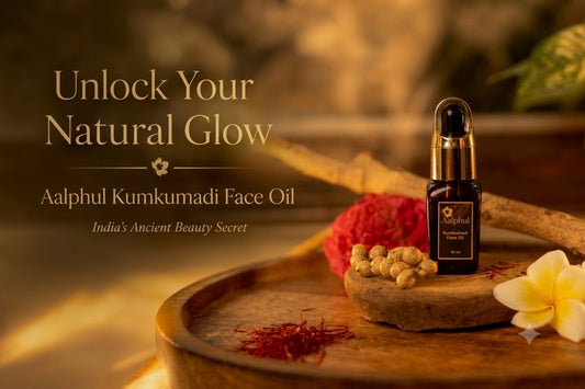 A bottle of Aalphul Kumkumadi Face Oil displayed on a wooden tray with natural props including saffron and ingredient botanicals, under warm golden lighting.