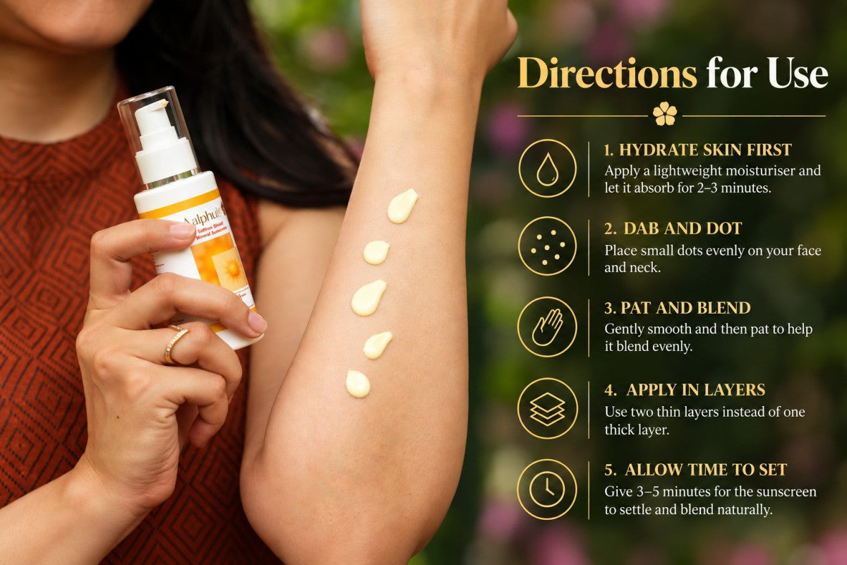 A person applies a the Aalphul Saffron Shield Sunscreen lotion her forearm, with text instructions on the right detailing how to use the product.