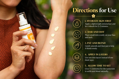 A person applies a the Aalphul Saffron Shield Sunscreen lotion her forearm, with text instructions on the right detailing how to use the product.