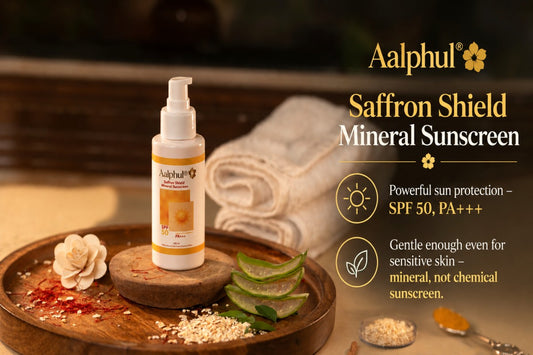 Aalphul Saffrom Shield Sunscreen bottle in a display setting with botanicals