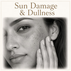 A grayscale close-up of a woman touching her cheek, with the text 'Sun Damage & Dullness' at the top, informing the user about skincare  products related to skin repair and protection from sun damage.