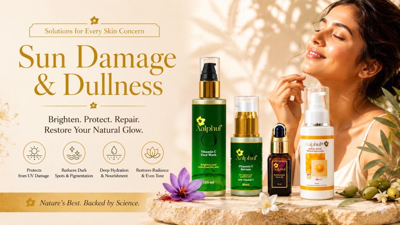 Aalphul Sun Damage & Dullness Collection: A complete skincare routine with Vitamin C Face Wash, Vitamin C Serum, Kumkumadi Oil & Saffron Shield SPF 50 Mineral Sunscreen to brighten, protect and repair sun-exposed skin