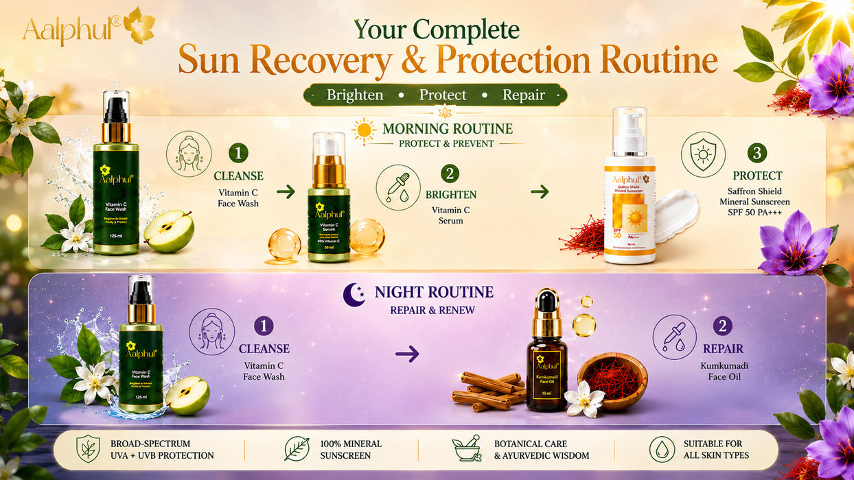 Complete skincare routine for sun damage and dullness featuring Aalphul Vitamin C Face Wash, Vitamin C Serum, Saffron Shield SPF 50 Mineral Sunscreen and Kumkumadi Face Oil to restore natural radiance and protect against UV damage.
