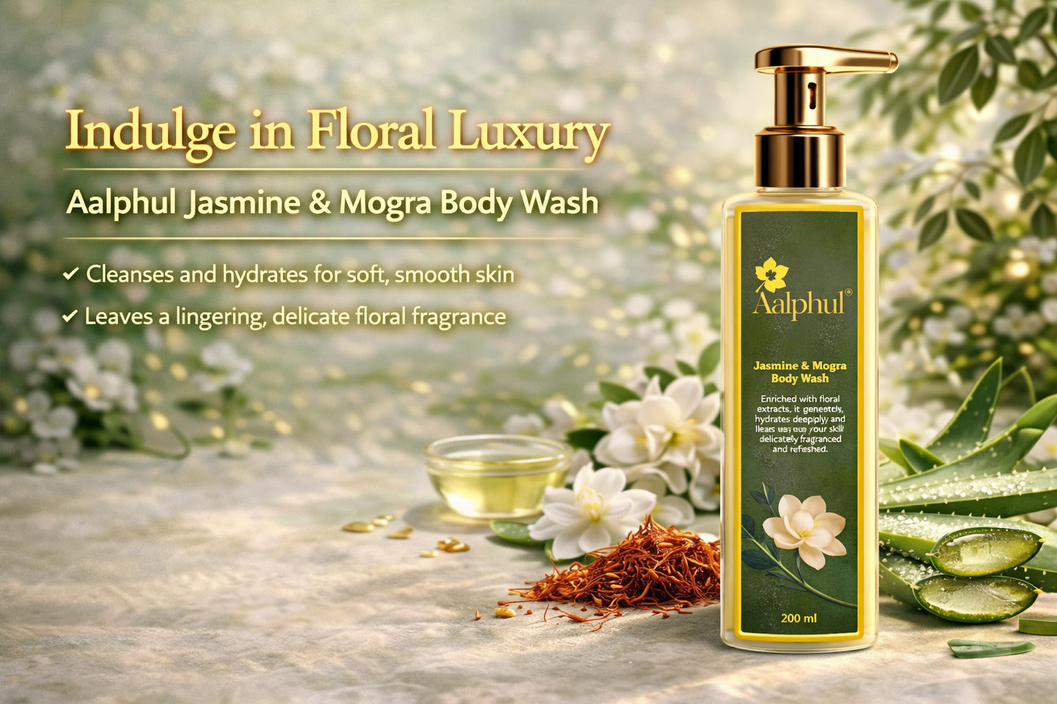 Alphul Jasmine & Mogra Body Wash bottle with the ingredients on a wooden surface.