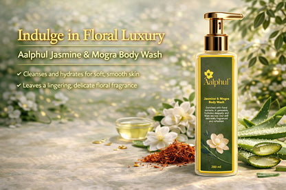 Alphul Jasmine & Mogra Body Wash bottle with the ingredients on a wooden surface.