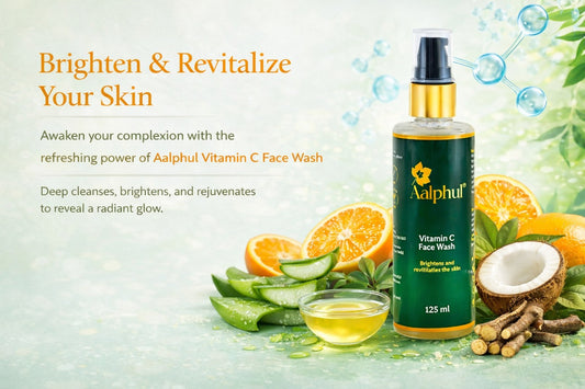 Aalphul Vitamin C Face Wash with ingredients & benefits listed on a light green background