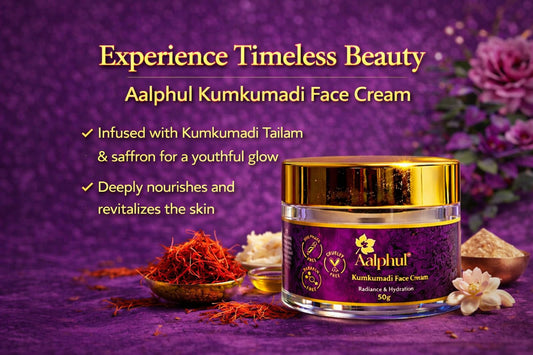 Aalphul Kumkumadi Face Cream jar on a with saffron and other ingredients and text about its benefits.
