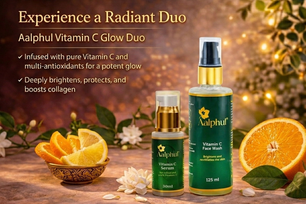 Aalphul Vitamin C Glow Duo with Vitamin C Serum and Face Wash. The benefits from ingredients like pure Vitamin C are listed